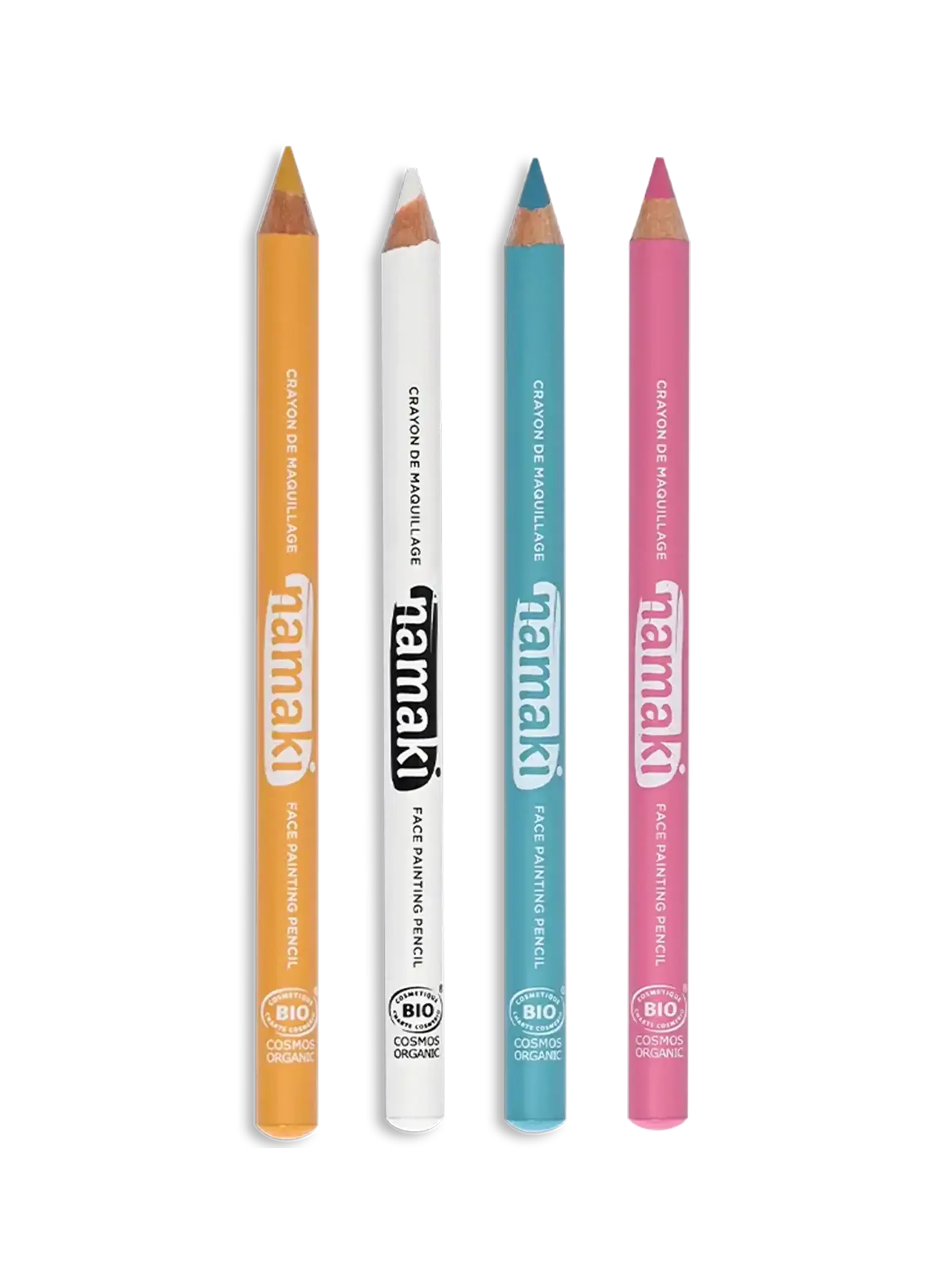 crayons de maquillage jaune, blanc, turquoise, rose