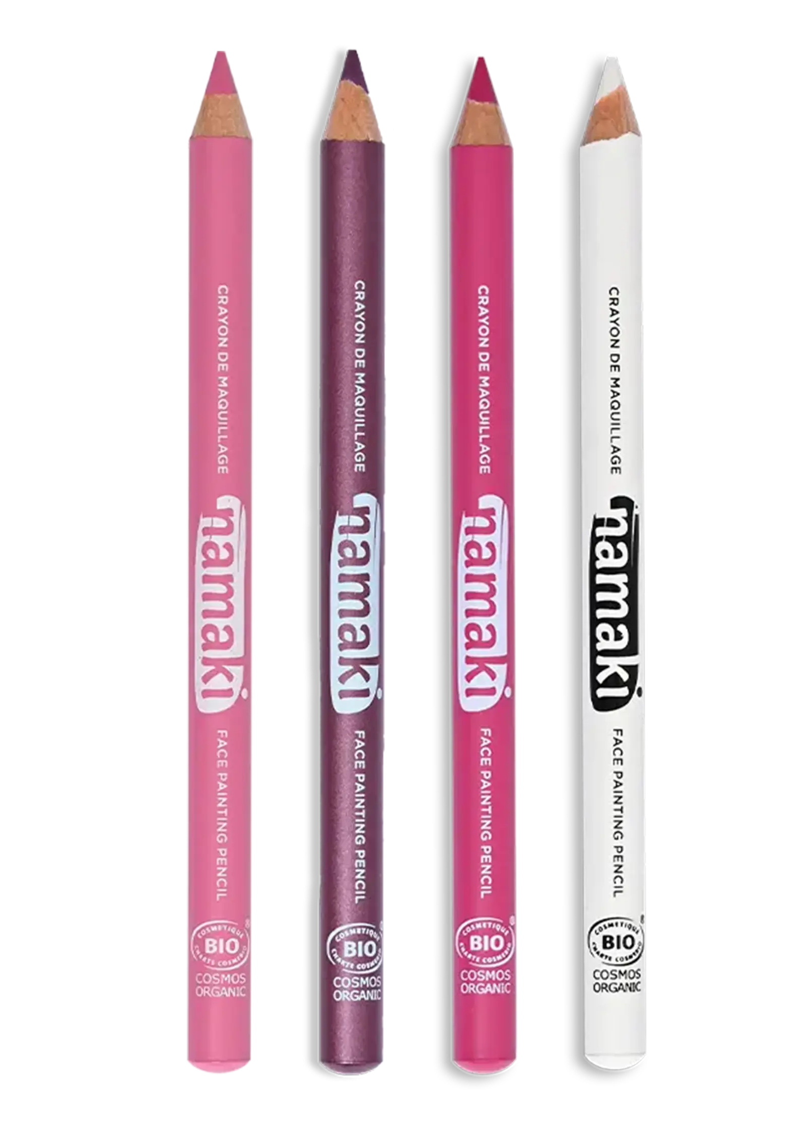 crayons de maquillage rose, violet, fuschia, blanc